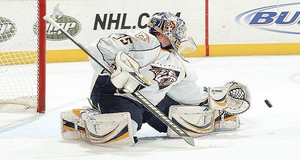 Pekka Rinne of the Nashville Predators makes a save.