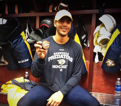 Seth Jones with first goal puck (Austin Stanley) BANNER